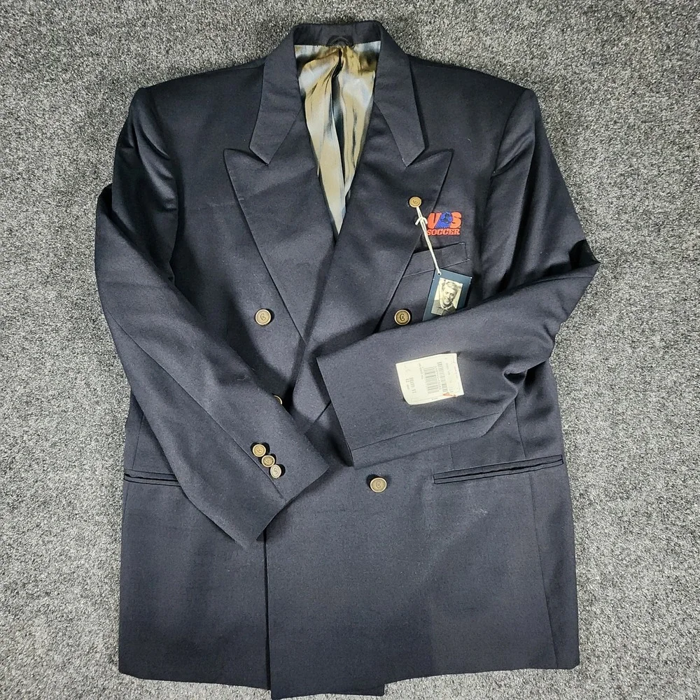 NWT‎ USA Soccer Embroidered Nino Cerruti Double Breasted Wool Blazer Navy 42S